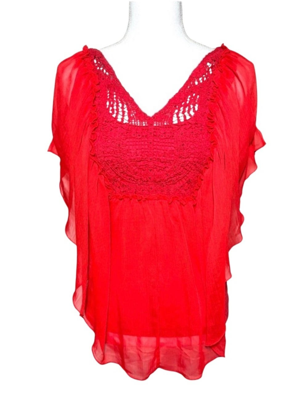 About A Girl Red Lace Beaded Flutter Sleeve Top Women Size Small